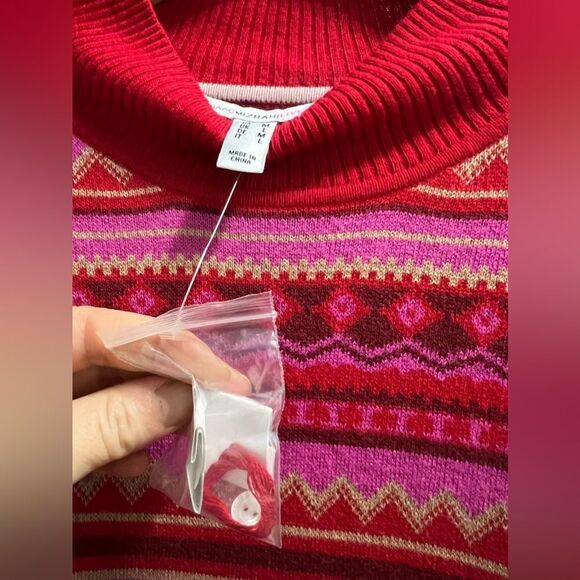 Isaac Mizrahi sweater shirt Mock-Neck Fair Isle Jacquard Red size M stylish cozy - Picture 11 of 15